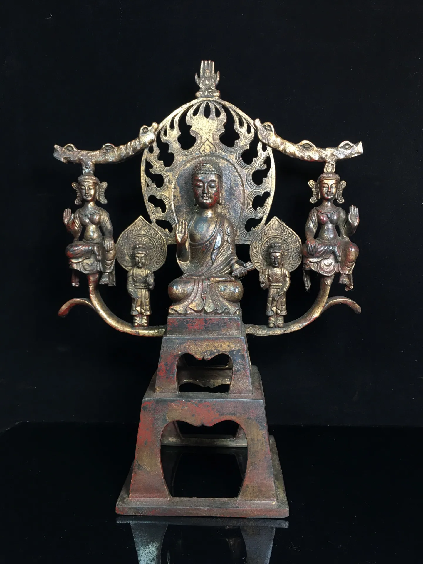 

11"Tibet Temple Collection Old Bronze Cinnabar Northern Wei Buddha Shakyamuni Five Buddhas Buddha Terrace Worship Hall Town hous