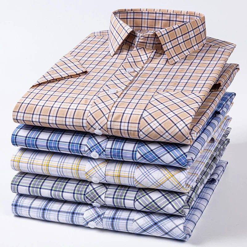 

Brand New Quality 100% Cotton Men's Plaid Striped Thin Short Sleeve Social Shirt Slim Fit Work Casual Pocket Shirt S-6XL