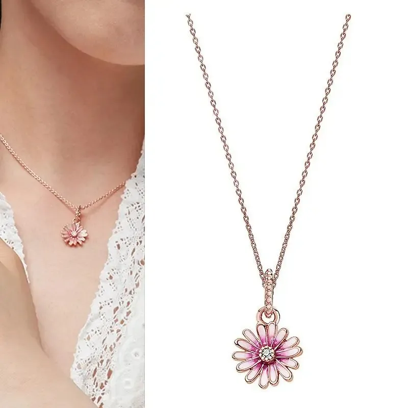 New Women's Boutique Jewelry 925 Silver Original Logo Ocean Heart Cat Eye Beads Exquisite Daisy Necklace Set DIY Jewelry Gift