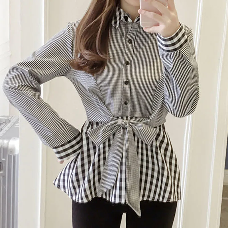 

Spring Autumn Fashion Korean Plaid Spliced Blouse Women's Clothing Fake Two Pieces Casual All-match Female Waist Lace Up Shirt