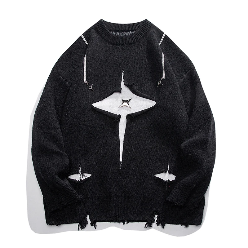 

Autumn Oversize Knitted Sweater Men Patch Ripped Jumper Fashion Korean Streetwear Zipper Design Pullovers Tops Clothing Male 5XL