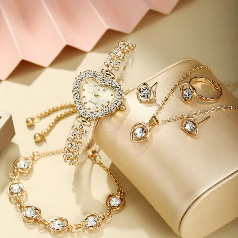 

Kegllect 6PCS New Love Diamonds Ladies Watch Free Adjustable Bracelet Watch Women's Quartz Watches Jewelry Set No Box