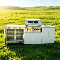 Cuisine extérieure en acier inoxydable avec barbecue, réfrigérateur, plaque de cuisson, évier et réfrigérateur sur roulettes pour jardin ou terrasse. 5