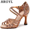 HROYL Ballroom Latin Dance Shoes Ladies Girls New Silk Satin Shiny Rhinestone Cuban High Heels Party Salsa Dance Shoes Women 1