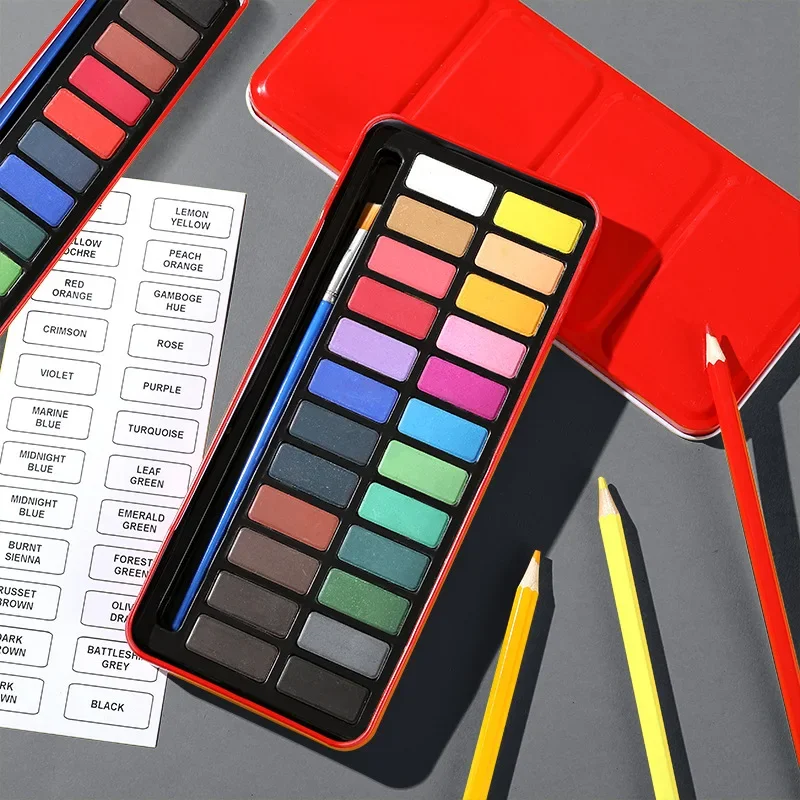 

12/18/24/Colors Solid Watercolor Paint with Water Brush Pen Powder Paint Iron Box Set Fine Art Drawing Graffiti Art Supplies