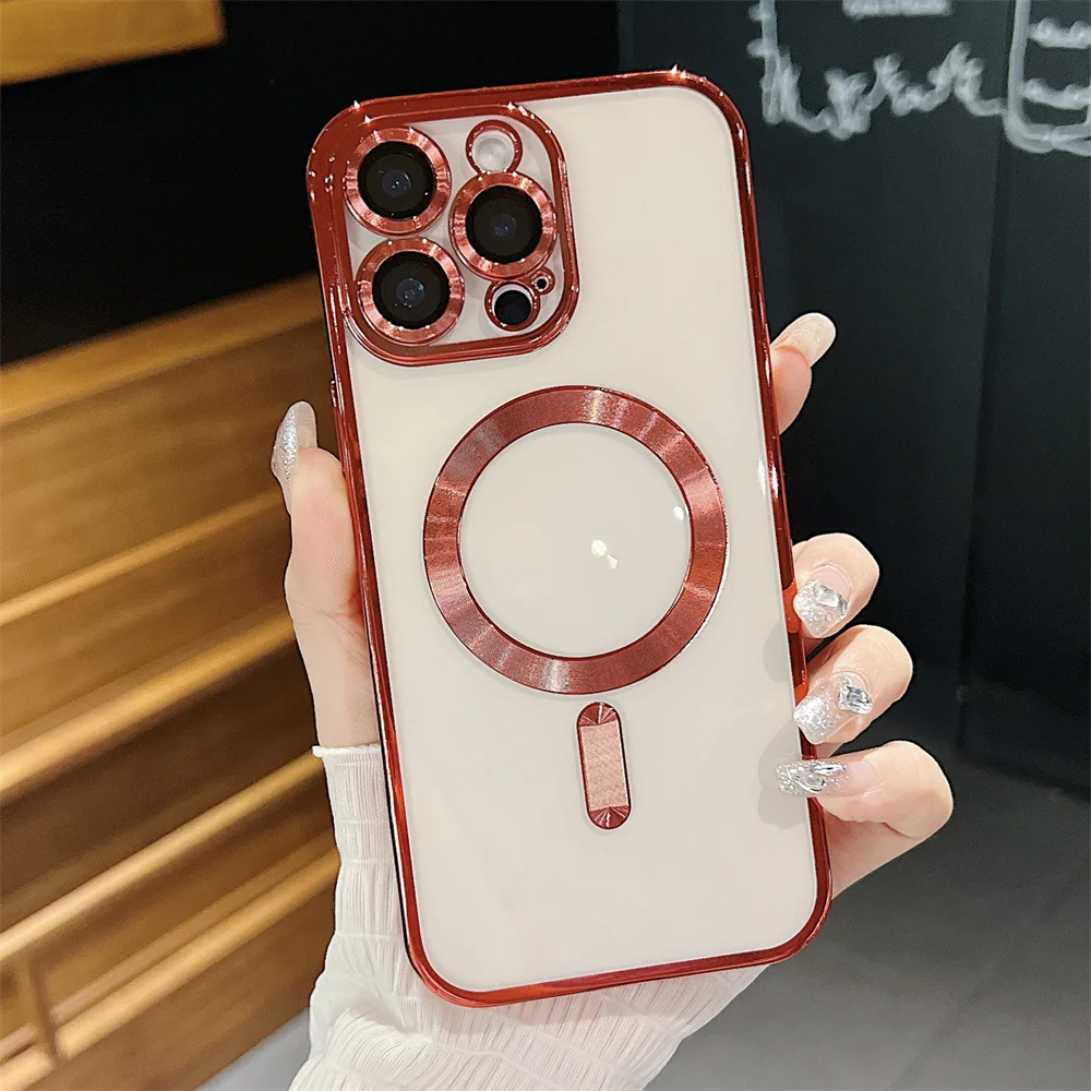 Pour étui transparent Magsafe pour iPhone 11 12 13 14 15 16 Pro Max Plus 12 13 Mini avec film d'objectif en verre, coque souple antichoc_voghion.com