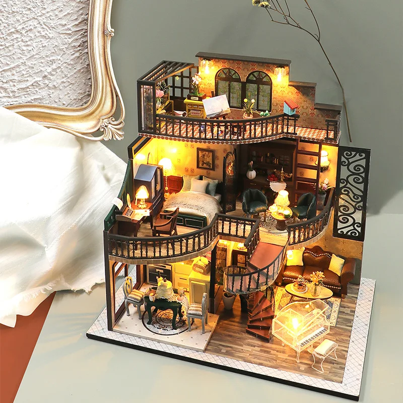 DIY Wooden Miniature Model Kit European Loft Casa Doll Houses 3D Puzzle Dollhouse With Furniture Lights for Friends Xmas Gifts 2