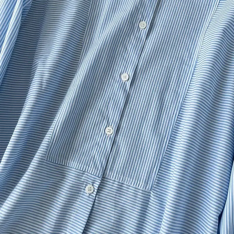 Dave&Di Stitching Retro Blue Striped Shirt 2023 Autumn Fashion Loose Boyfriend Style Long-Sleeved Shirt Women's Cotton Top