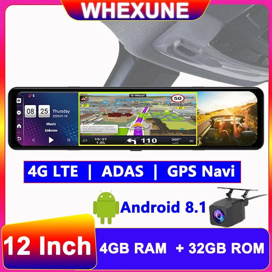 

Автомобильный видеорегистратор WHEXUNE D60, 12 дюймов, 4G, Android 8,1, ADAS, Full HD 1080P