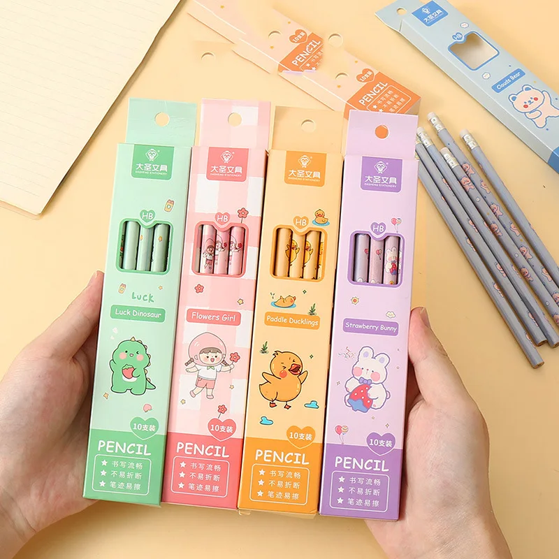 10 pcs/box  Drawing Writing Sketch Cute Stationery Supplies Pencils Cartoon Wooden pencil with  Eraser for School  Students electri rubber eraser sketch drawing erasing battery school stationery supplies jul 26a