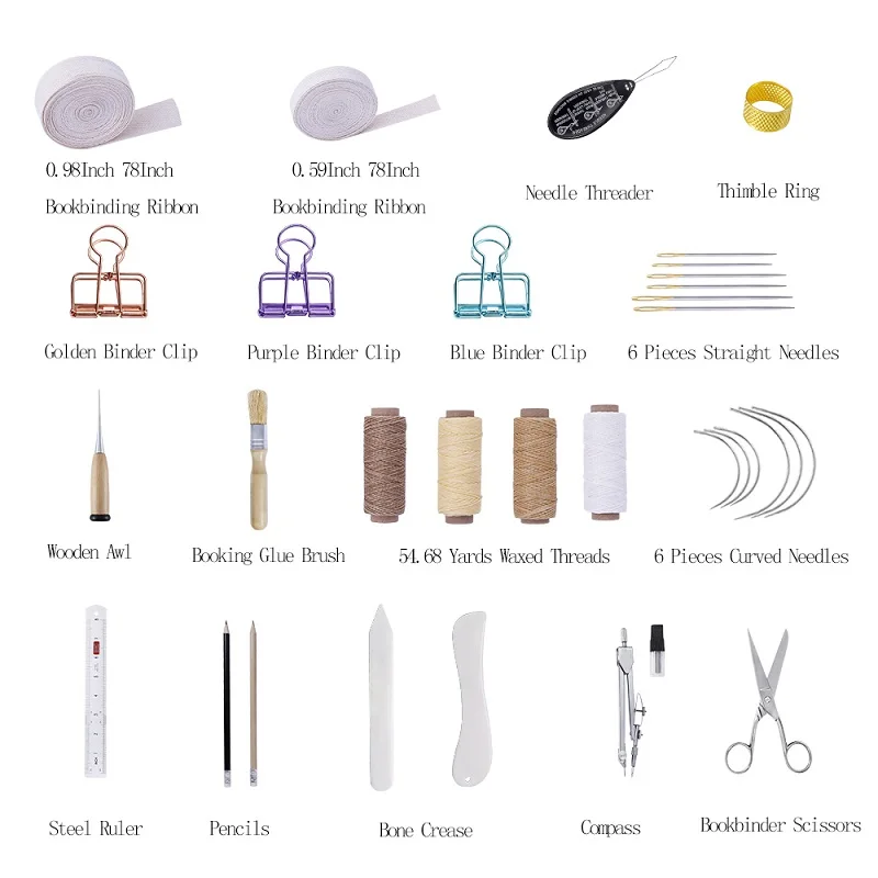 Bookbinding Tool Set with Folder, Thread, Ruler, Needles, and Sewing Kit