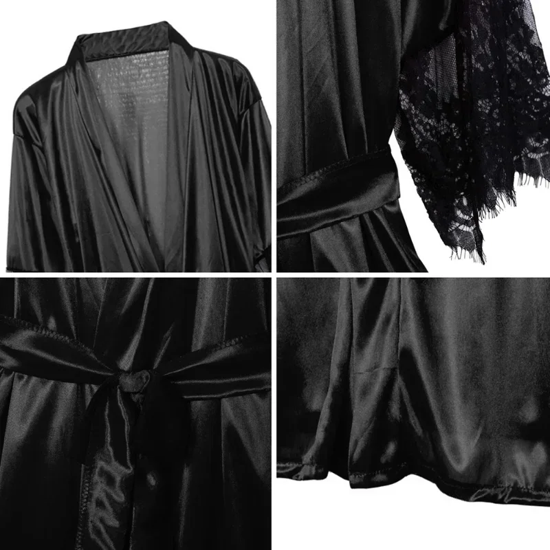 Women Sleepwear Women Dress Women Night Gown Robe with G String Floral Lace Bathrobe Halt Sleeve Nightdress Female French Sexy Silky Satin Sleepwear