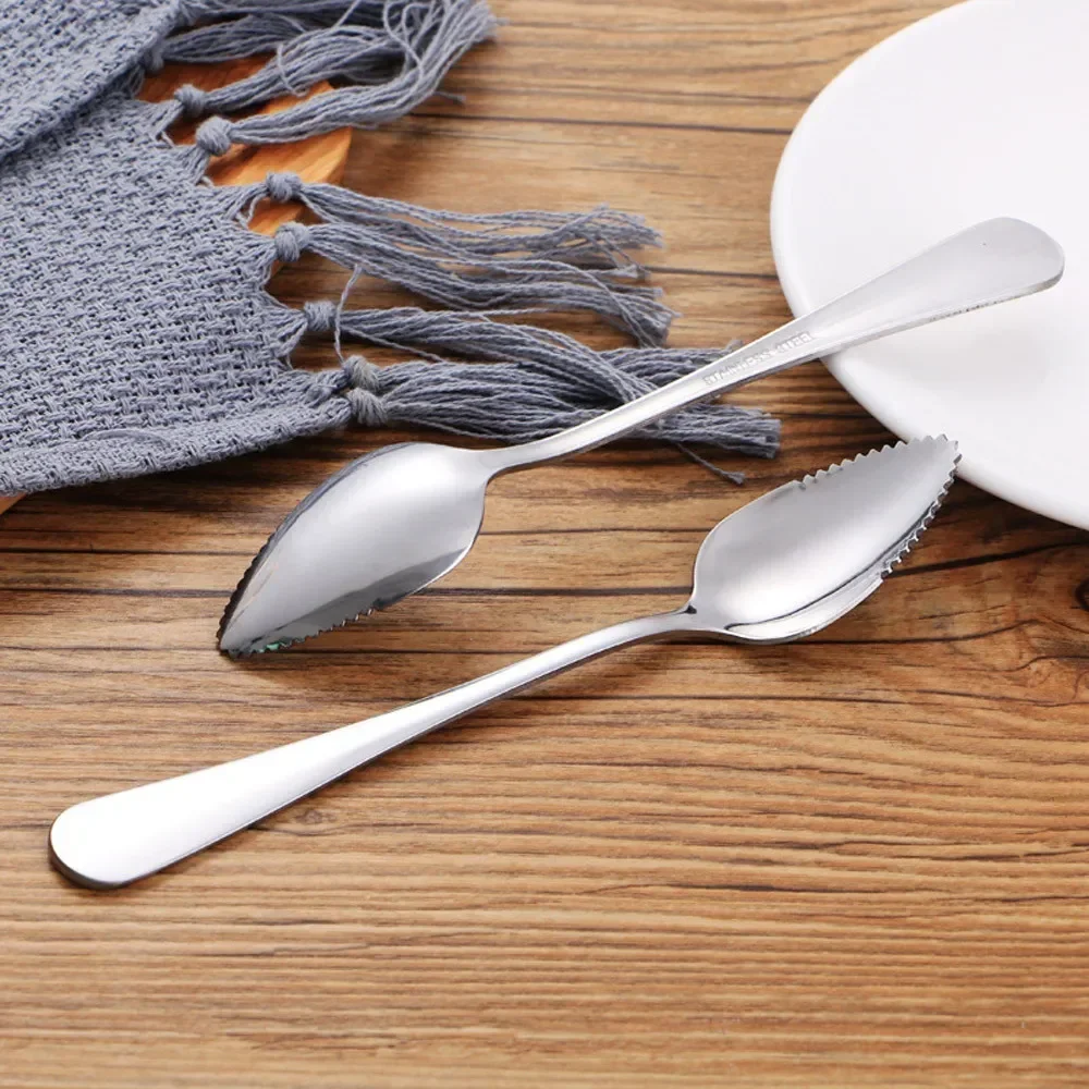 Stainless Steel Spoon 2PC Home Thick Stainless Steel Grapefruit Spoon Ice Cream Dessert Spoon Serrated Edge Fruit Coffee Stirring Spoons Tea Spoons
