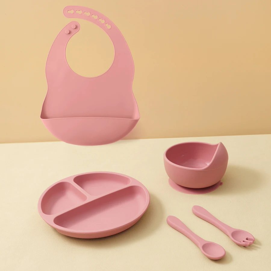 5PCS Baby Silicone Tableware Set Color Contrast Bib Suction Bowl Non-slip Plate Soft Spoon Fork Feeding Training Baby Dinner Set 2