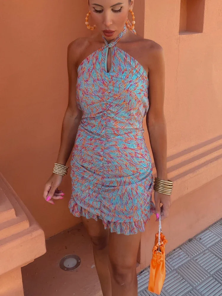 

Sexy Colorful Printed Lace Up Halter Mini Dress Women Chic Sleeveless Backless Ruffles Hem Robes 2024 New High Street Vestidos