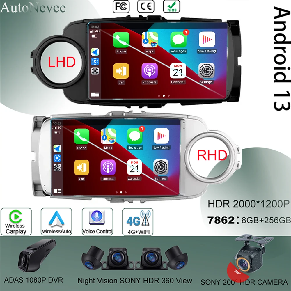 

Автомобильный радиоприемник, мультимедийный видеоплеер Carplay Android 13 для Toyota Yaris 2012 - 2017 GPS Bluetooth Камера No 2Din DVD QLED DSP