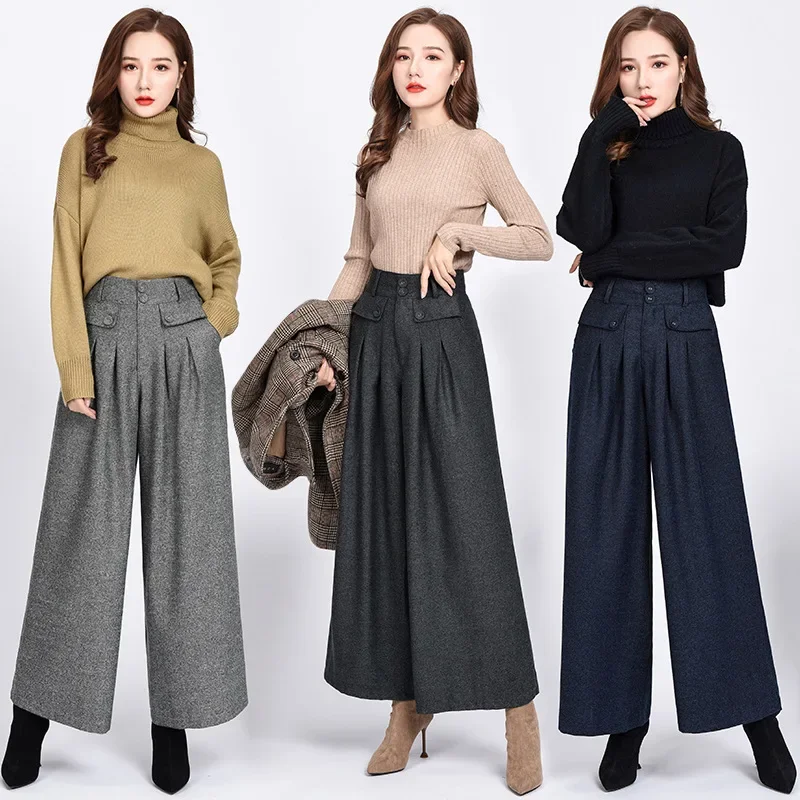 M-4XL 3 Color Winter Women Pants Warmth Wool High Waist Pleated Loose Wide Leg Pants Ladies New Fashion Casual Solid Trousers