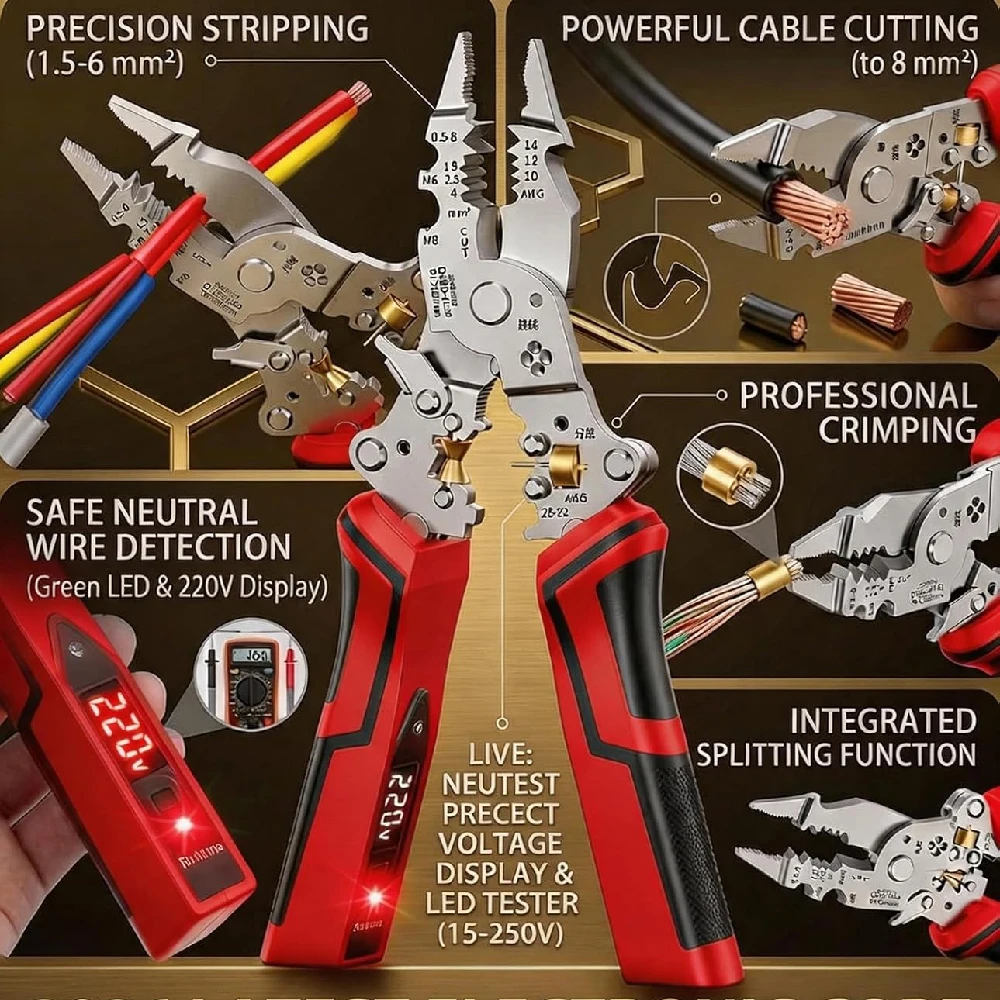 Rechargeable Heavy-Duty Wire Stripping and Cutting Tool with Voltage Tester & Alarms
