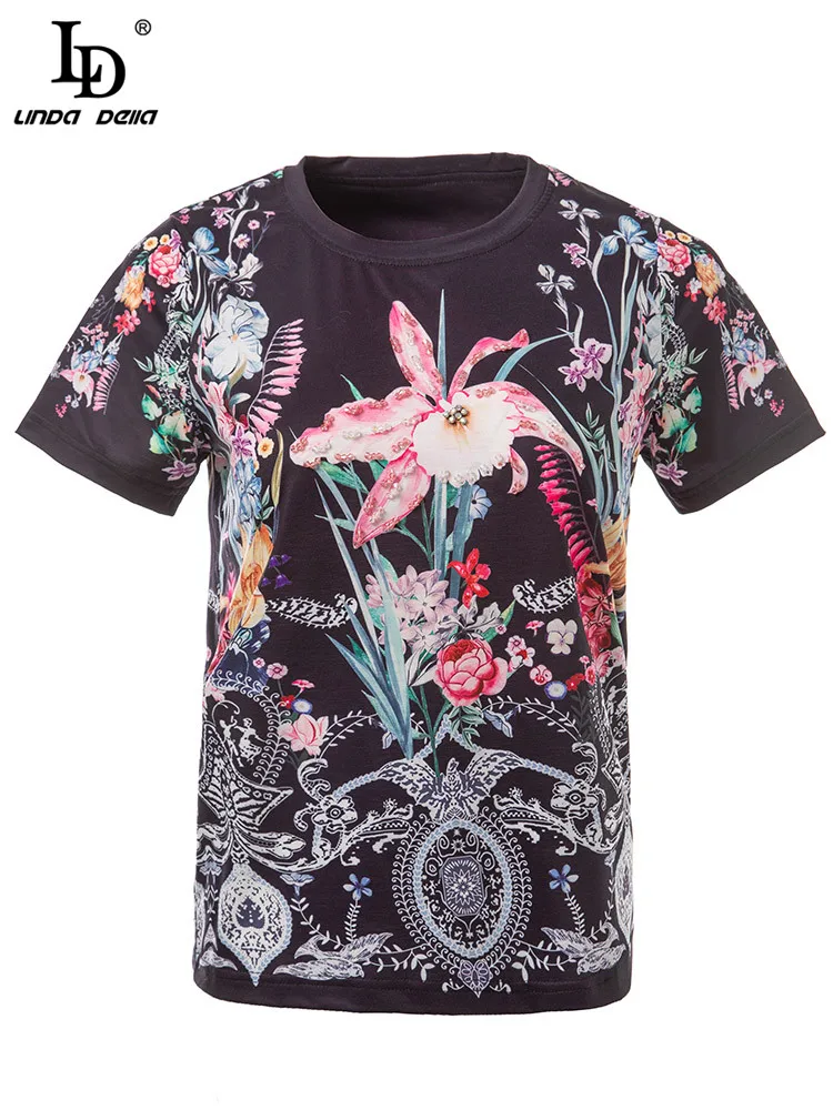 

LD LINDA DELLA 2023 Fashion Designer Summer Black T-shirt Women Short sleeve Beading Vintage Flower Print Top