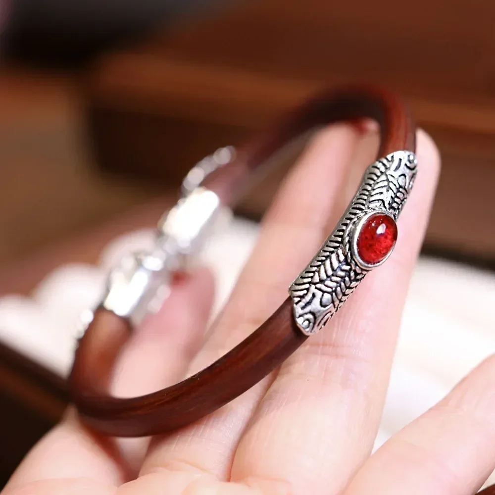 Natural Chicken Blood Vine Adjustable Bangles Vintage Couple Set Cat's Eye Stone Opening Knotless Wooden  Party Jewelry 3