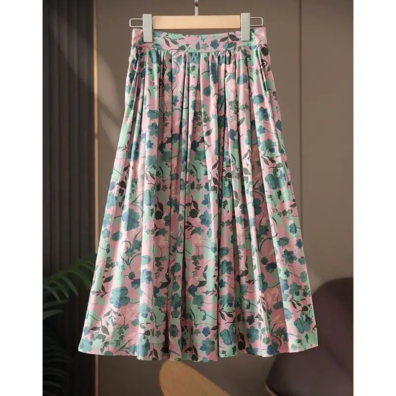 

Pleated Skirt Fashionable High Waist Mid-length Retro Small Floral A Line Skirt Women