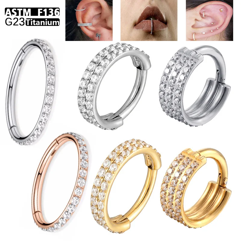 

G23 Titanium Zircon Nose Ring Piercing Double Layered Triple Stack Hinged Helix Cartilage CZ Small Cartilage Septum Clicker