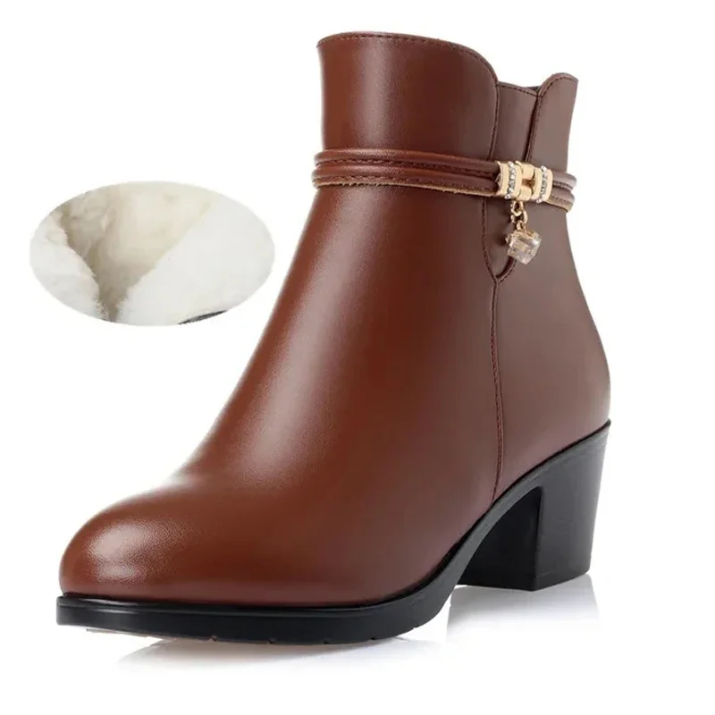 2024 neue Mode weiches Leder Stiefeletten High Heels Reiß verschluss Schuh warmes Fell Winters tiefel weibliche Damenschuhe plus Größe 43