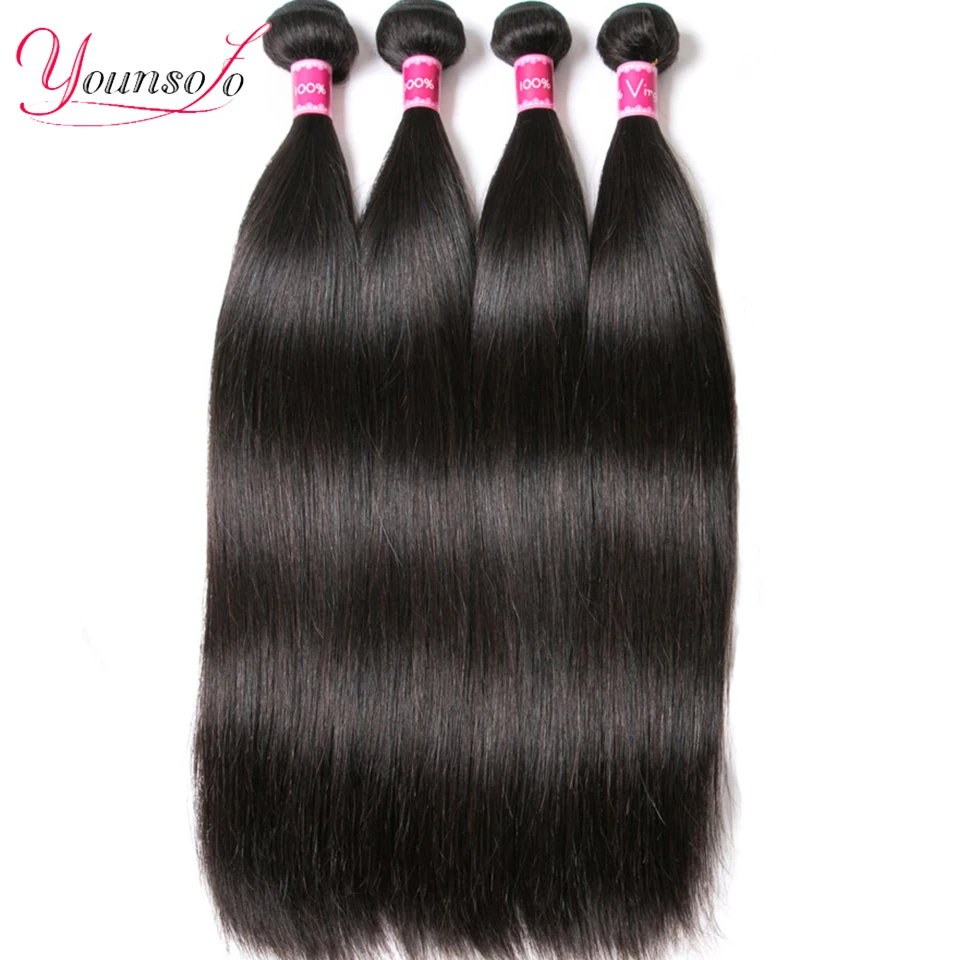 Younsolo Straight Weave Bundles Natural Black Indian Human Hair Bundles Straight Wave Hair Extensions 4PCS Human