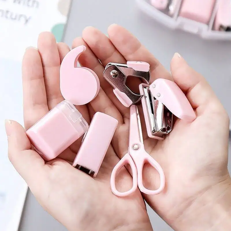 Mini Stapler Staple Punch Hole Tape Machine Set Ins Korean Multifunction Scrapbook Tool Box Back To School Student Supplies mini stapler set