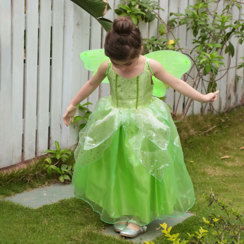 FairyTinker Bell Girls Princess Halloween Cosplay Baby Party Green Flower Fairy Children's Costume Butterfly Wings Set