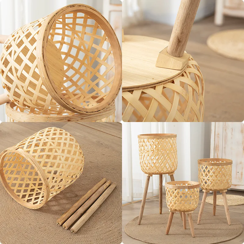 Elegant Wood Woven Standing Planter Basket with Legs