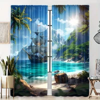 2-Piece Semi-Blackout Curtains Tropical Island Pirate Ship Palm Tree Design Rod Pocket Hanging for Bedroom Floor Window Blinds 1