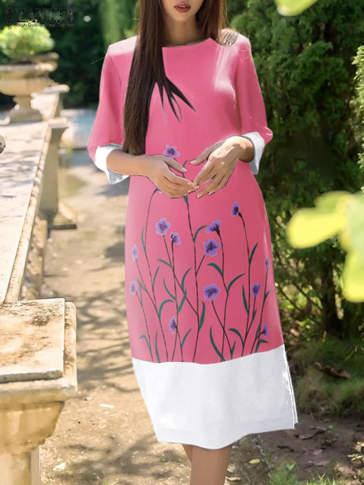 

ZANZEA Women 3/4 Sleeve Long Dress Vintage Floral Print Vestidos Casual Loose Patchwork Midi Dresses Baggy Round Neck Sundress