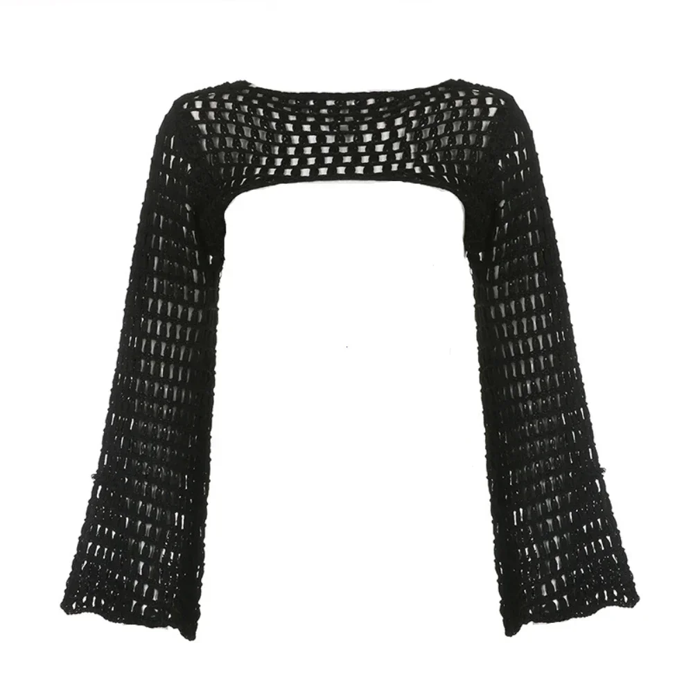Haut été Femme En Crochet Blanc - Épaules Dénudées, Manches Résille, Coupe Ample Et Légère - Style Y2K Et Casual