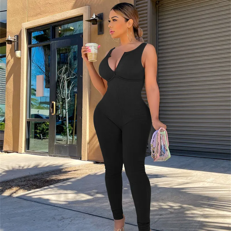 FQLWL Summer Streetwear One Piece Outfit Jumpsuits Women Romper Backless  Ribbed Sleeveless Black Gray Bodycon Jumpsuit Female