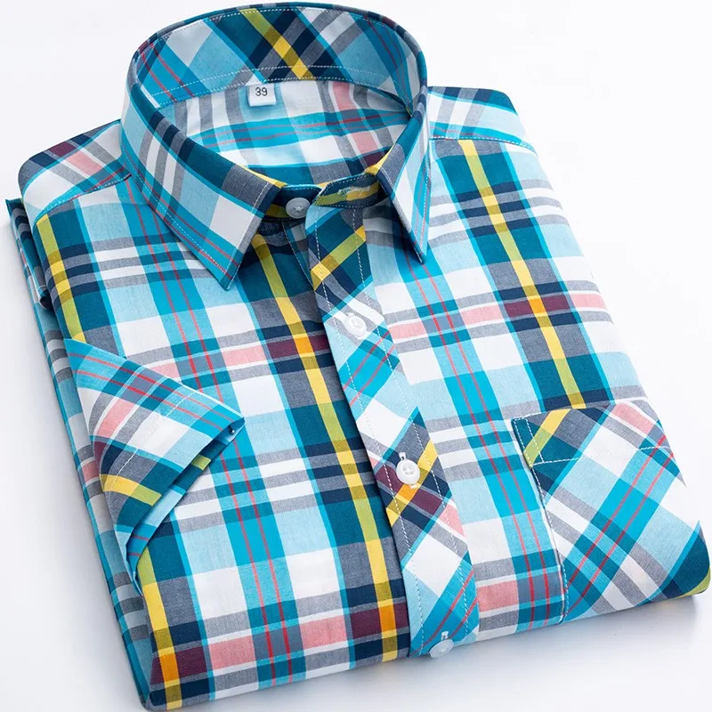 S-8XL Summer Cotton Fashion Plaid Shirts For Men's Short Sleeve Single Patch Pocket Simple Design Casual Standard-Fit Shirts