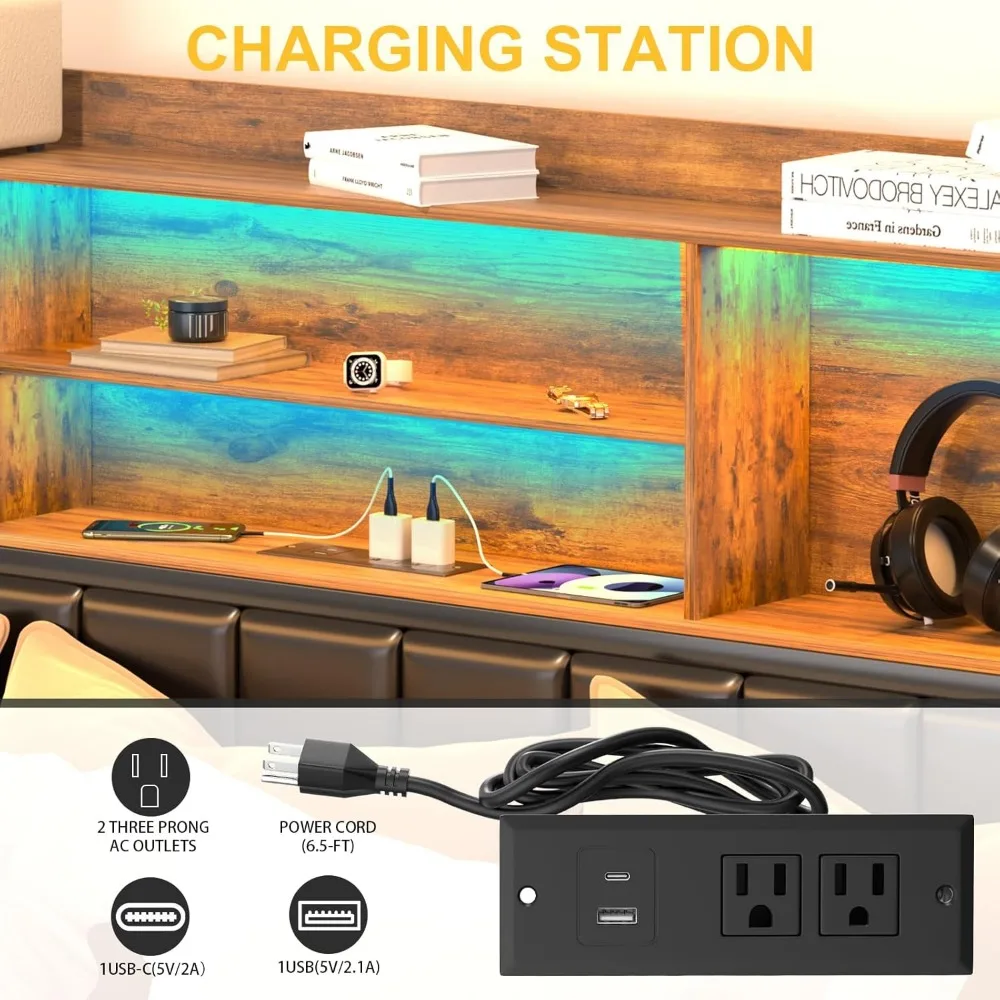 Queen Size Bed Frame with Storage, Upholstered Shelves Headboard Outlets with Charging Ports and Colorful LED Lights 4