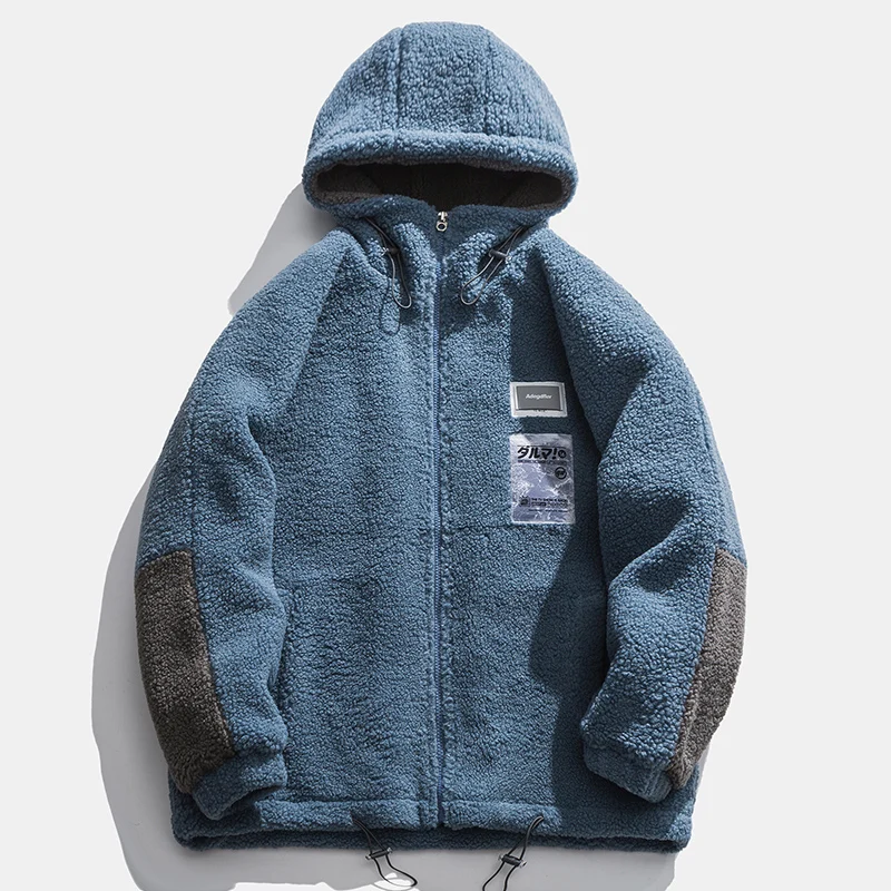 Men Winter Fleece Jacket Lamb Wool Hooded Coat Mens Thick Warm Coat Loose Japanese Streetwear Casual Harajuku Zippered Jacket