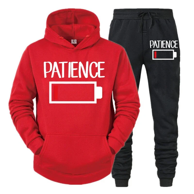 thumbnail image 1 of Conjunto de 2 piezas de sudadera y pantalones divertidos con estampado de batería "PATIENCE" para hombre, sudadera de manga larga, chándal, ropa deportiva unisex, 1 of 5