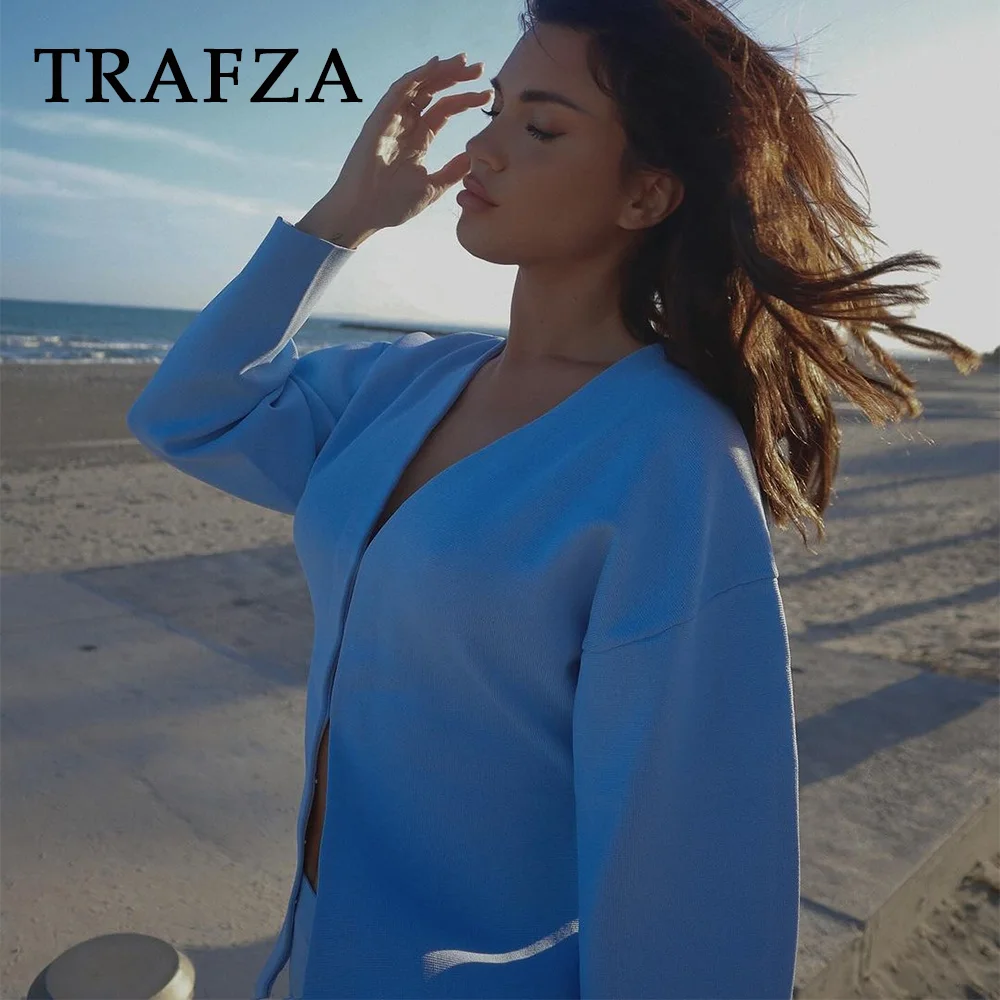 TRAFZA 2025 Spring Summer Sexy Solid Knitted Women Suits Fashion Nightclub V Neck Single Breasted Shirts+Chic Mini Pencil Skirts 4