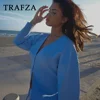 TRAFZA 2025 Spring Summer Sexy Solid Knitted Women Suits Fashion Nightclub V Neck Single Breasted Shirts+Chic Mini Pencil Skirts 4