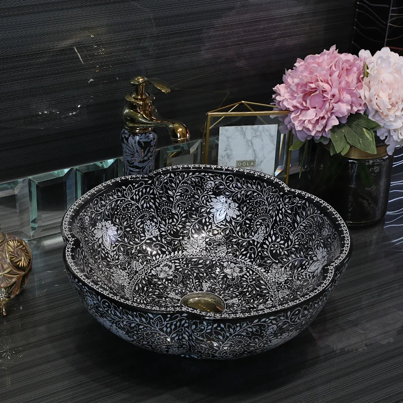 Jingdezhen factory directly art hand painted ceramic counter top washbasin bathroom sinks wash basin flower shape (13)