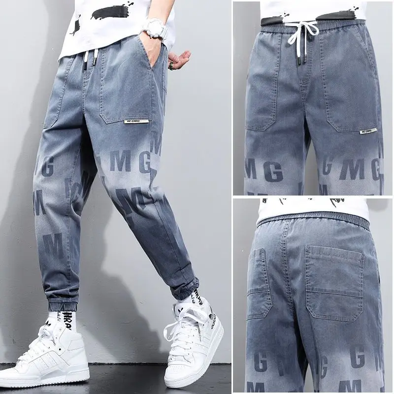 

2023 Gradient Men's Jeans Summer Thin Monogrammed Floral Feet Student Nine Point Pants Boys Fashion Brand Casual Pants