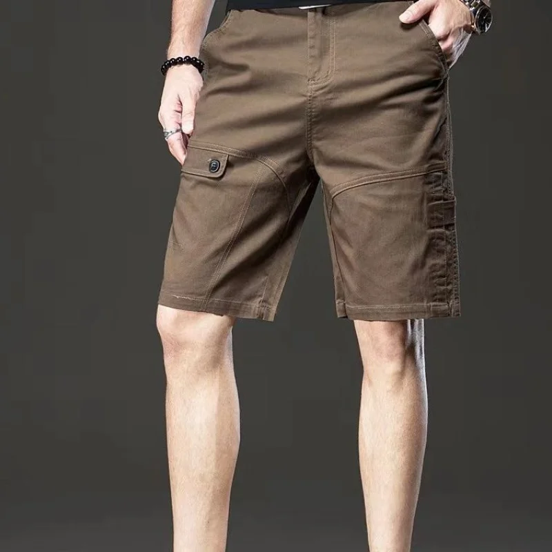 American Style Vintage Summer Casual Shorts Men's Solid Pocket Zipper Button Trend Versatile Straight Knee Length Cargo Pants