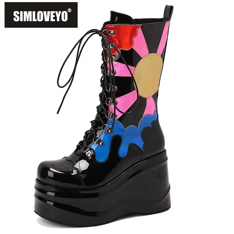 

SIMLOVEYO Fashion Women Boots Botas larga mujer Round Toe Thick Heel Wedge Platform Zipper Lace-up Big Size 34-44 Mixed Printing