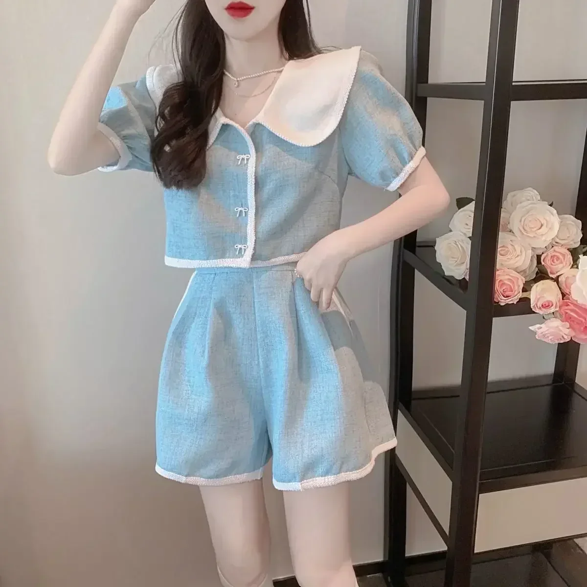 

Новый летний корейский Синий модный топ с кукольным воротником снижение возраста шорты с широкими штанинами элегантный женский костюм