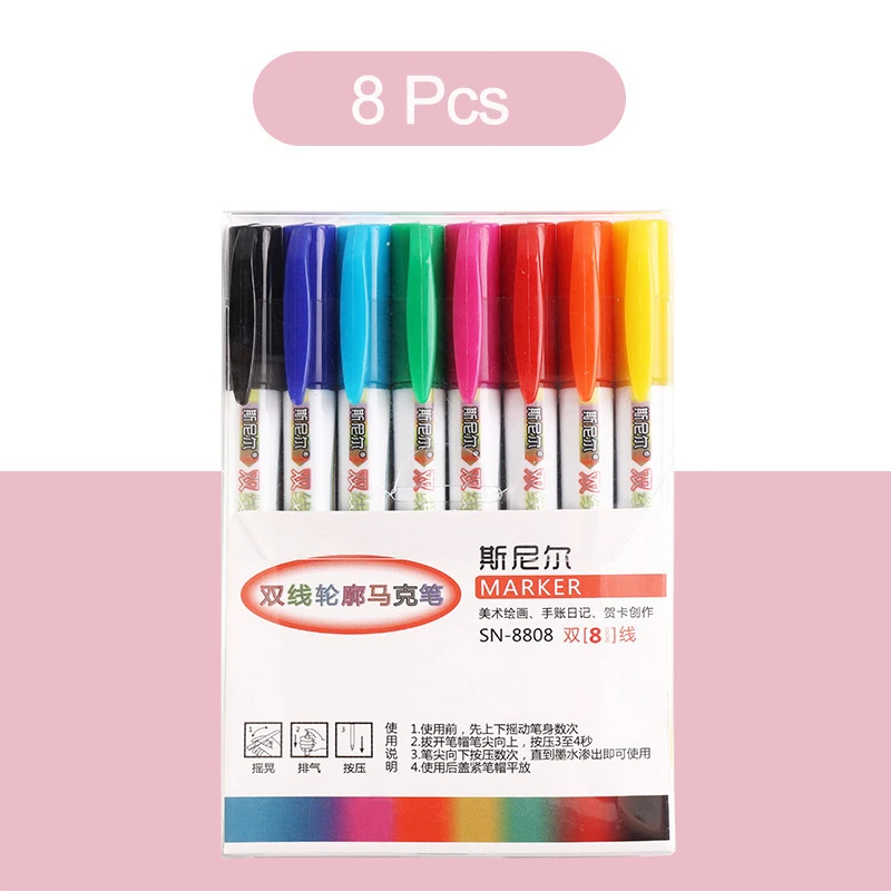 8/12 Color Double Lines Contour Colored Paint Marker Set Outline Metallic Markers  For Scrapbooking Bullet Diary Poster Gift Card - Art Markers - AliExpress