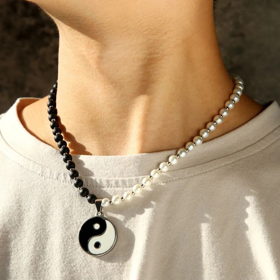 Men Black White Stone Tai Chi Pendant Necklace