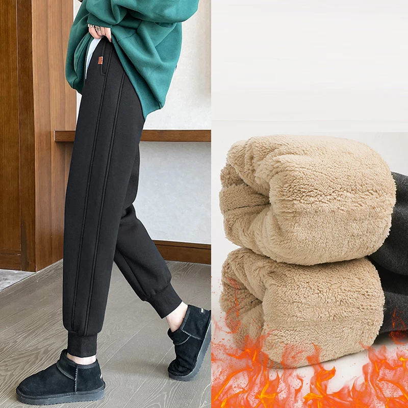 women loose lamb winter sweatpants 2023 korean high waist add velvet jogger trousers snow wear elastic solid colors harem pant