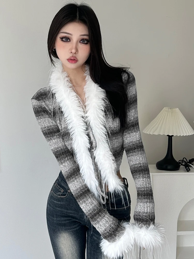 록모어 모피 패치워크 니트 가디건, 탑 스트리트, 가을, 겨울 캐주얼, 레이스 업 크롭 스웨터 코트, 여성 한국 니트웨어, y2k